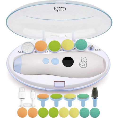 Rechargeable 22 in 1 Baby Nail Trimmer, Usage Labeled Case, 13 Extra Replacement Tools, Royal Angels Electric Nail File with LCD display, Newborn Toddler Nail Care Clipper Kit (Rechargeable,WhiteBlue)