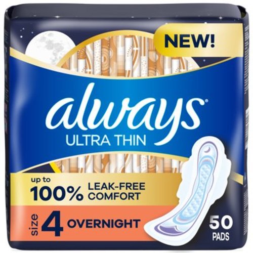Always Ultra Thin Size 4 Overnight Pads with Wings, Heavy Menstrual Flow, Long Lasting, 50 Ct