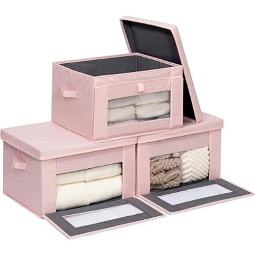 Thick Fabric Storage Bins with Lids, Collapsible Storage Box Closet Shelf with Clear Window, Decorative Baskets for Clothes, 3 Set, Pink, Medium