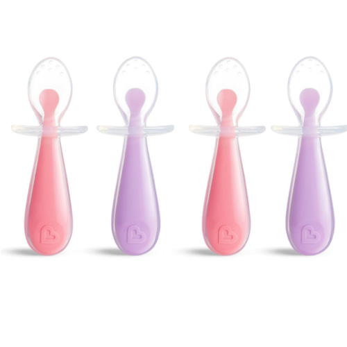 Munchkin® Silicone Scoop™ Trainer Spoons with Choke Guard for Baby Led Weaning, 4 Count, Pink/Purple