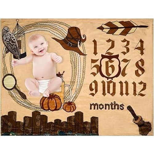 Harry Potter Magic Baby Monthly Milestone Blanket with Frame Harry Potter Theme Boys and Girls Baby Month Photo Props Magic Print Baby Photo Blanket My First Birthday Party Supplies 50"x40"