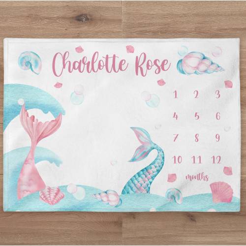 Mermaid Milestone Blanket Personalized Baby Girl Month Blanket Ocean Nursery Custom Age Growth Newborn Calendar New Mom Baby Shower Gift