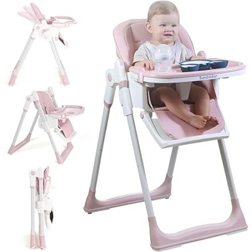 3 in 1 Baby High Chair with Wheels, Adjustable 5 Point Harness, Tray, Foot Rest, Backrest and Seat Height, Foldable High Chair for Toddlers, Pink
