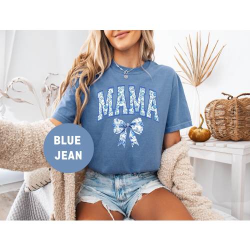 Comfort Colors® Mama Shirt, Blue Ribbon Shirt, Mothers Day Gift, Aesthetic Gift For Mom, Cute Mom Shirt, Toile Bow Shirt, Chinoiserie Shirt