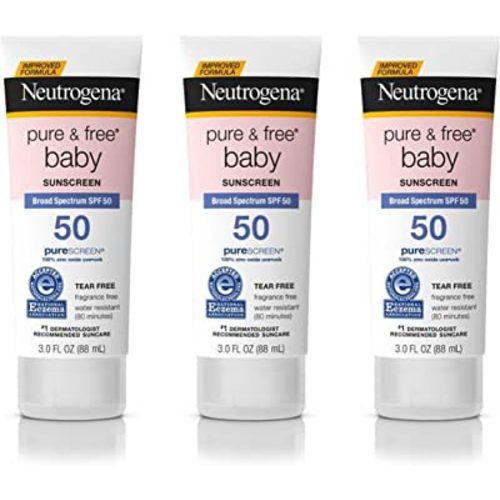 Neutrogena Pure & Free Baby Mineral Sunscreen Lotion with Broad Spectrum SPF 50 & Zinc Oxide, Water-Resistant, Hypoallergenic & Tear-Free Baby Sunscreen, 3 fl. oz, 3 pk