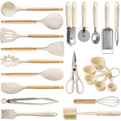CAROTE 22pcs Silicone Cooking Utensils Set, 446°F Heat Resistant Kitchen Utensils Gadgets Set, Spatula, Turner, Whisk, Tongs