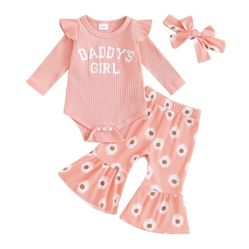 FIOMVA Baby Girl Clothes Fall Winter Newborn Infant Girl Long Sleeve Romper Rib Knit Onesie+Flare Pants Bell Bottom Outfit