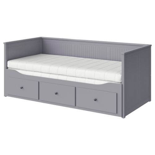 HEMNES Daybed with 3 drawers/2 mattresses - gray/Åsvang medium firm Twin