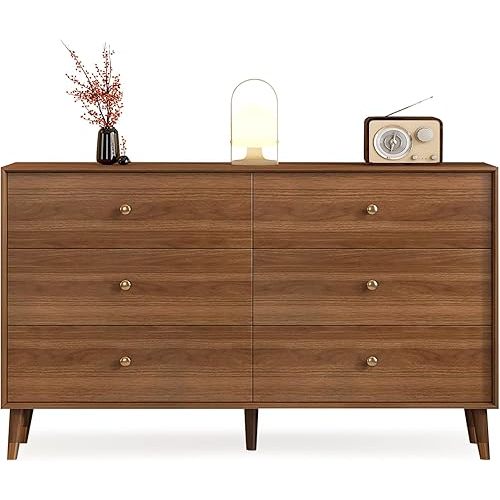 Messenya 6 Drawer Dresser for Bedroom, 47 Inch Walnut Dresser for Closet, Mid Century Wood Chest of Drawers with Natural Texture & Pre-Embedded Slots for TV Stand, Living Room, Hallway, Office