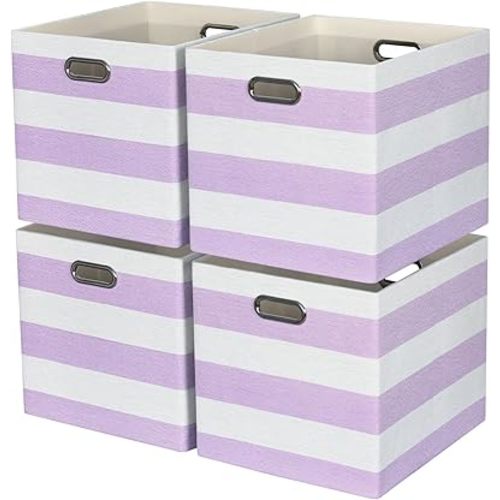 13x15x13 Storage Cube Bins, Foldable Storage Cubes, Fabric Organizer Basket Bin, Striped Containers Decorative Storage Boxes for Shelves Wardrobe Closet Home Office, 4 Pack, Purple/White