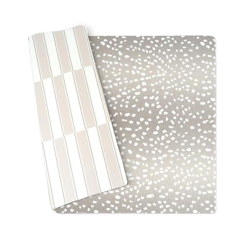 Wander & Roam Premium Reversible Baby Play Mat - Soft Foam Tummy Time Mat for Infant, Toddler & Parent - Modern Neutral Antelope + Stripe Design - Water Resistant, Easy to Clean, Non-Toxic - Greige
