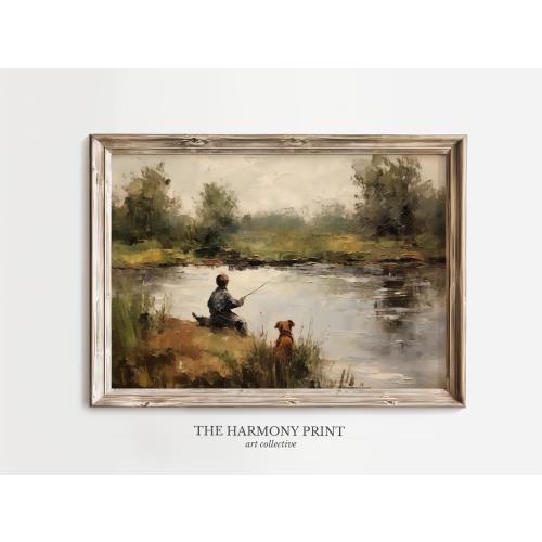 Vintage Boy Fishing Wall Art, Nursery Decor, Boys Room Wall Art, Peaceful Lake Scene with Dog, Nursery Gift Vintage Wall Art