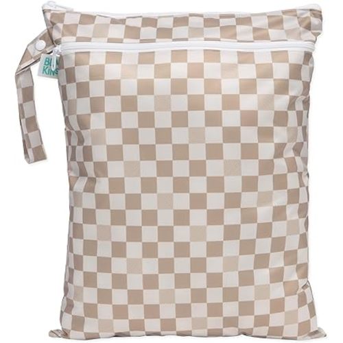 Bumkins Waterproof Wet Dry Bag for Baby, Travel, Swim Suit, Cloth Diapers, Pump Parts, Pool, Beach, Gym Clothes, Toiletry, Hook to Stroller, Daycare, Zipper Reusable Wetdry Packing Pouch, Beige Check