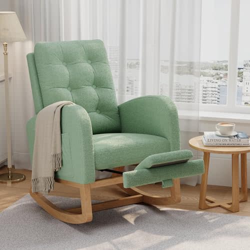 GarveeHome Nursery Rocking Chair with Adjustable Footrest, Teddy Fleece Upholstery, Sturdy Wooden Legs & High Backrest, Comfortable Glider Rocking Chair for Living Room or Bedroom, Light Green