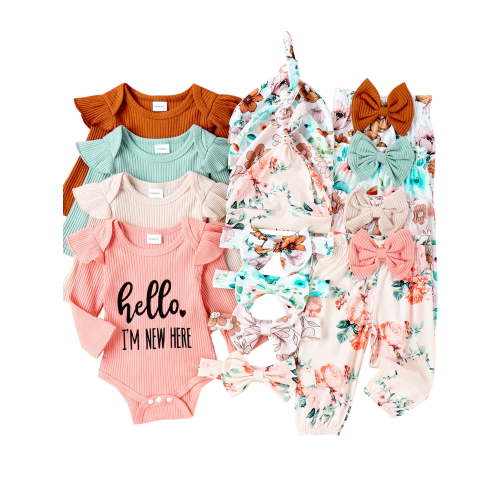 WIBACKER Newborn Baby Girl 4Pcs Outfit, Infant Girl Outfits Long Sleeve Ruffle Romper + Floral Pants + Headband +Hat Set Clothes