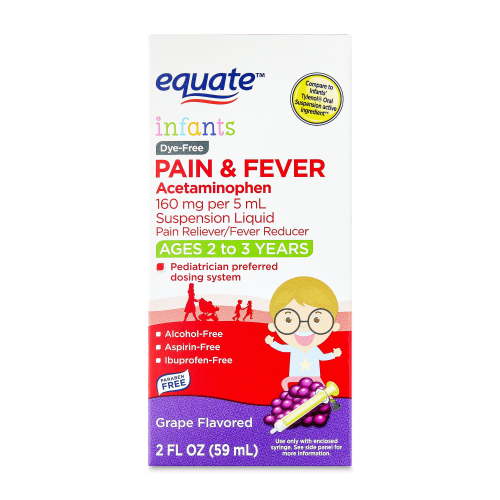 Equate Infants' Dye-Free Pain Reliever & Fever Reducer Acetaminophen Oral Suspension, 160 mg, Grape Flavor, Ages 2 to 3 Years, 2 fl oz, Compare to Infant's Tylenol® Oral Suspension Active Ingredient