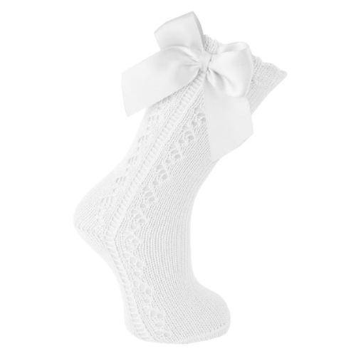 White Scottish Yarn Openwork Bow Knee High Socks
