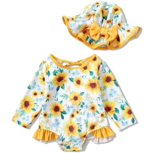SUNNY PIGGY Baby Girls One Piece Swimsuit Long Sleeve Floral Bathing Suit+Hat 2Pcs