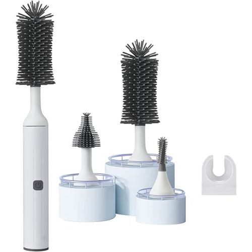 Electric Baby Bottle Brush Cleaner Set with Electric Bottle Brush, Silicone Water Bottle Cleaner,Nipple/Gap/Straw Brush,Rechargeable Automatic Bottle Cleaner Brush, White