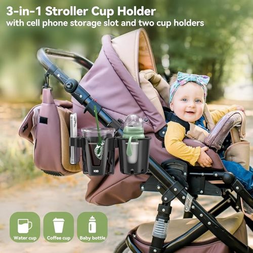 KDD Stroller Cup Holder with Phone Holder, 3-in-1 Removable Bottle Holder, 360 Degrees Rotation Drink Holder for Wheelchair, Stroller, Bike, Walker, Scooter, Bicycle, Uppababy, Nuna, Bugaboo, Doona - Black