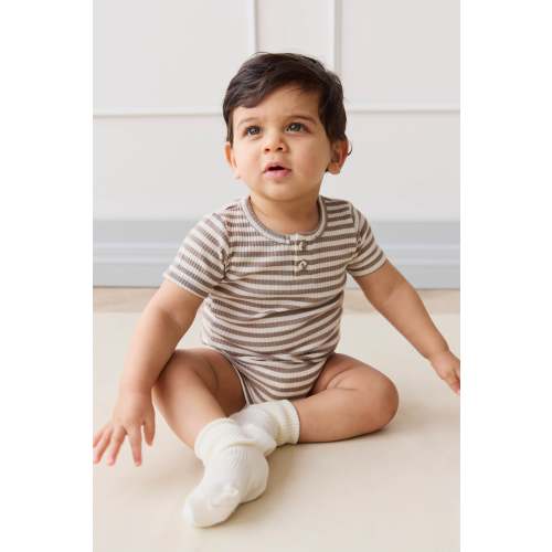 Organic Cotton Modal Darcy Rib Tee Bodysuit - Narrow Stripe Tweed/Cloud