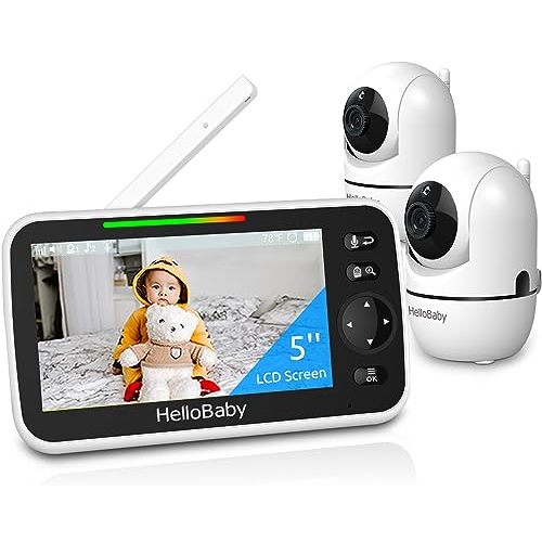 HelloBaby 5 Baby Monitor with 26-Hour Battery, 2 Cameras Pan-Tilt-Zoom, 1000ft Range Video Audio Baby Monitor No WiFi, VOX, Night Vision, 2-Way Talk, 8 Languages and Baby Registry Search