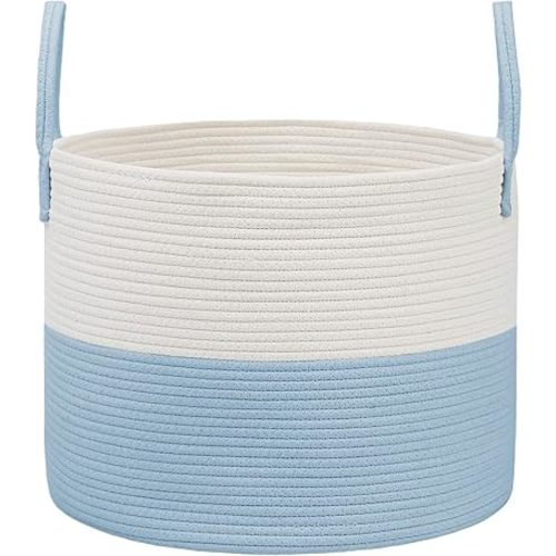 JMvicyroam 115L Extra Large Blanket Basket for Living Room - Woven Cotton Rope Laundry Hamper with Reinforced Handles - Storage Bin for Pillows, Comforters & Toys - Machine Washable,White&Blue