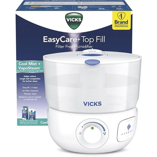 Vicks EasyCare Plus Top Fill Filter-Free Cool Mist Humidifier, Small Room–For Vapors 2 Ways –Works with Vicks VapoPads and VapoSteam, White