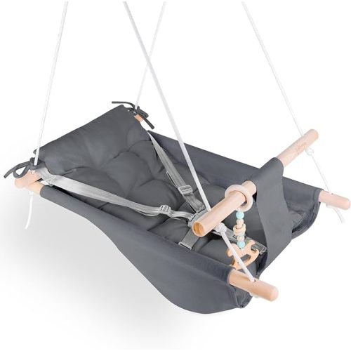 Baby Swing Indoor and Outdoor, Canvas Hammock Swing for Baby to Toddler with a Comfortable Seat, Macaroon Wooden Toy, Adjustable 5-Point Harness,Gift for Baby Boys Girls, 3 Modes, Dark Grey