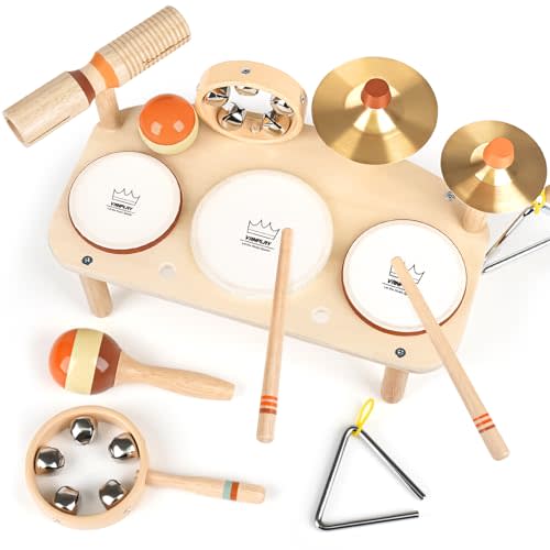 Drum Set for Toddlers 1-3, Wooden Musical Instruments Toys for 1 2 3 Year Old Boy Girls Gifts, Montessori Toys for Babies 12-18 Months, Toddler 1st Christmas Birthday Presents