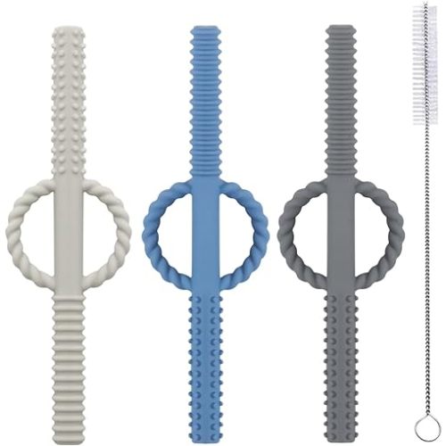 Silicone Baby Teether Tubes for Infants with Nursing Biting Chewing - 3 Pack 3 Pcs-Blue&Beige&Grey