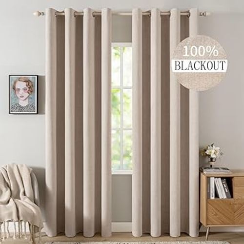 MIULEE 100% Blackout Linen Textured Curtains for Bedroom Solid Thermal Insulated Natural Beige Grommet Room Darkening Curtains & Drapes Luxury Decor for Living Room Nursery 52 x 84 Inch (2 Panels)