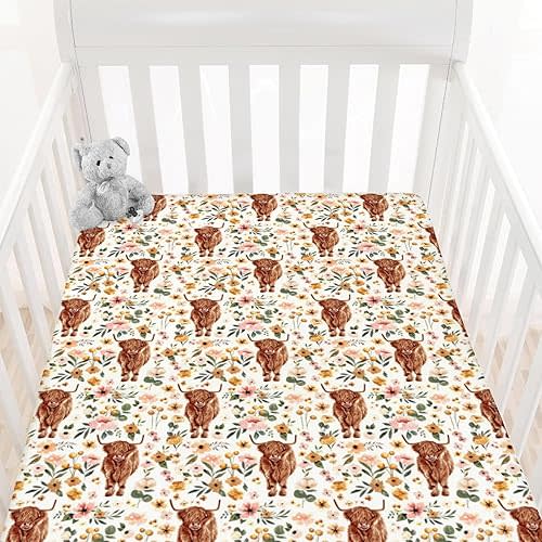 HawSkgFub Highland Cow Floral Boho Fitted Standard Crib Sheet for Baby Girl, Retro Western Farm Animal Yak Flower Toddler Mattress Cover, Soft Stretchy Nursery Bed Sheets Decor Kids Gift 52" x 28"