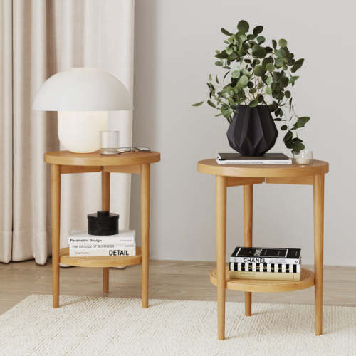 Wood & Rattan Round End Table Warm Pine