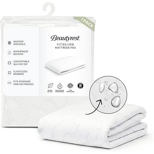 Beautyrest Kids Fitted Crib Mattress Pad | Waterproof | 52” x 28” | Machine Washable, White