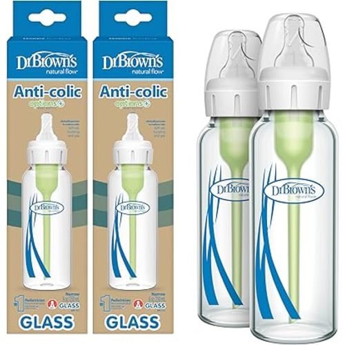 Dr. Brown’s Natural Flow® Anti-Colic Options+™ Narrow Glass Baby Bottle 8 oz/250 mL, with Level 1 Slow Flow Nipple, 2 Pack, 0m+