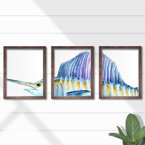 Tropical Sailfish watercolor painting, (3 Watercolor Art Prints) Handmade, offshore saltwater fishing, home decor, framed wall art, billfish