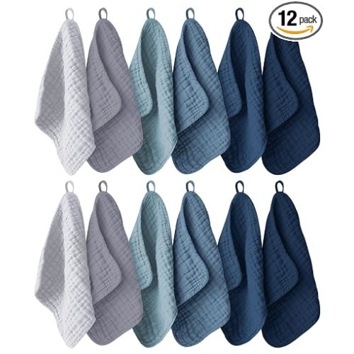 Ease Cubs 12 Pack Muslin Washcloths for Baby - 100% Cotton Baby Wash Cloths for or Baby Face Body Comfy and Soft for Newborn Infants Kids Girls and Boys - 12"x12" - Slate, Grey and Navy Series