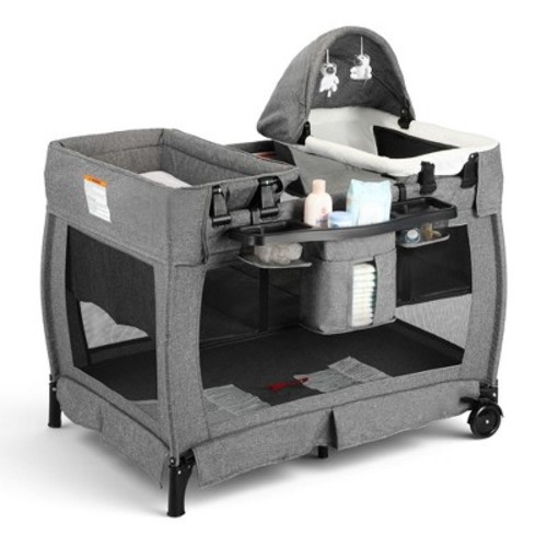 Kinder King 4-in-1 Convertible Baby Playard with Bassinet, Diaper Changer, Cradle&Bedside Sleeper, Breathable Mesh, Storage Organizer&Lockable Wheels