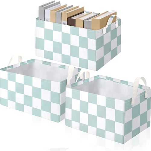 Boao 3 Pcs Checkered Basket Checkered Storage Bin with Handles Gingham Storage Bin Square Tote Laundry Basket Canvas Foldable Box for Home Office Bedroom Bathroom Clothes Cars(Sage)
