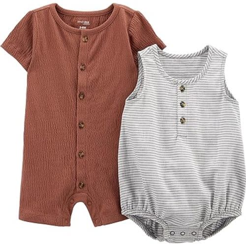 Simple Joys by Carter's Baby Boys' Button Romper, Pack of 2, Brown/Grey Stripe, 0-3 Months