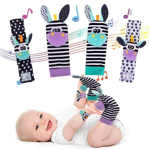 Wrist Rattles for Babies Rattle Socks Wrist Strap Rattles Set Cartoon Socks Cute Animal Baby Sensory Development Toys 1-3 Years Early Educational Toys for Toddlers Baby Shower Gifts - Blue and Purple