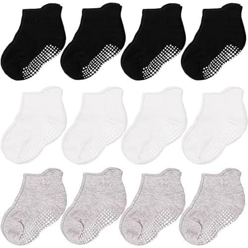 CozyWay Baby & Toddler Socks with Grippers Non Slip Ankle Grip Socks For Boys and Girls - Comfy Soft Cotton - 12 Pack