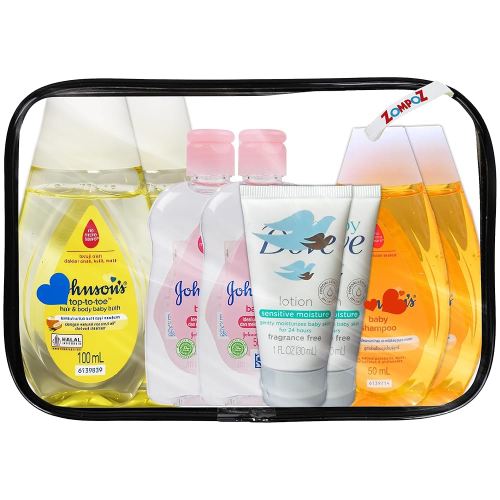 Bath Essentials Travel Kit, 8 Piece TSA Approved Travel Size Bottles Toiletries Kit, Baby Shampoo (2) Top to Toe Body Wash (2) Baby Oil (2) Baby Sensitive Lotion(2)