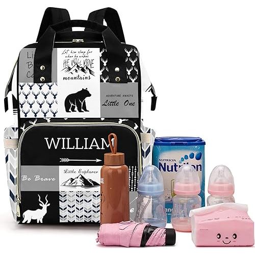 Woodland Deer Personalized Diaper Bag Backpack for Baby Boys Girls with Name Custom Nappy Nursing Bag for Moms Dads, Customized Gift, Large Capacity, Waterproof, Multifunctional
