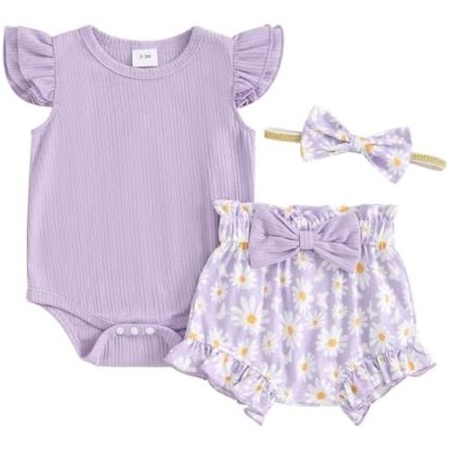 Newborn Infant Baby Girl Summer Clothes Rib Frill Short Sleeve Romper Elastic Waist Shorts Headband 3Pcs Outfits Set