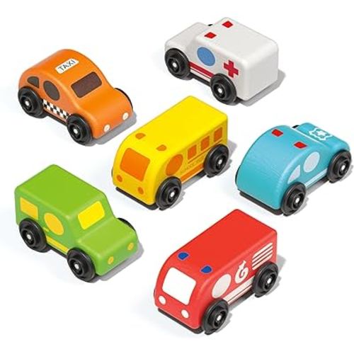 Wooden Car Toys Set for Toddler, Push and Go First Play Trucks for Baby 18 Months 2 Year Old, 6pcs Mini Vehicle - Christmas Birthday Gift for 2 3 Years Old Infant Kids Toddlers