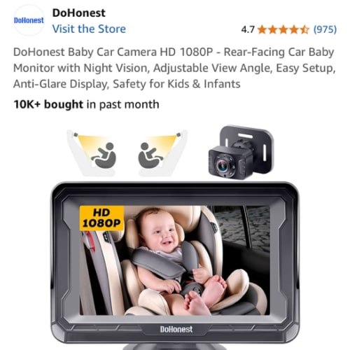 DoHonest Baby Car Camera HD 1080P - Rear-Facing Car Baby Monitor with Night Vision, Adjustable View Angle, Easy Setup, Anti-Glare Display, Safety for Kids & Infants