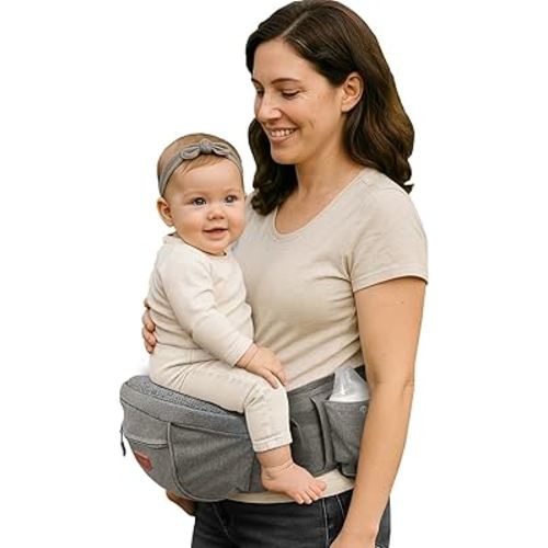 Sunveno Baby Carrier with Hip Seat,Ergonomic Baby Hip Carrier, Front-Facing Baby Holder, Anti-Slip Seat Surface, Wide and Adjustable Waistband, Multiple Pockets, Newborn to Toddler up to 45lbs, Grey