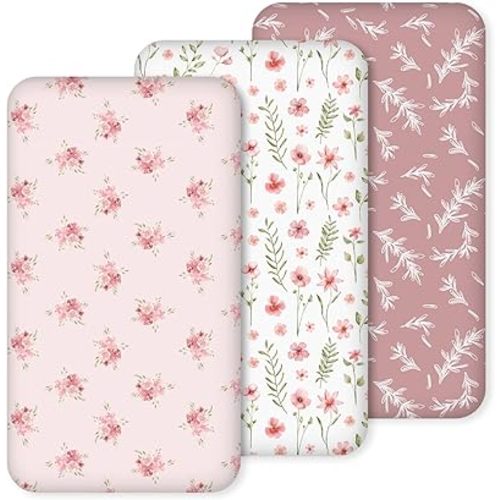 Nap Mat Sheet 47"x24", 3 Pack Pink Floral Baby Crib Sheets Fitted Elastic Corners, Preschool Day Care Rest Mat Cover, Soft Breathable - Compatible with Regalo My Cot, Joovy Travel Cot